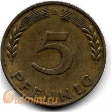5 пфеннигов. 1950 г. Германия. "D". 5-3-772