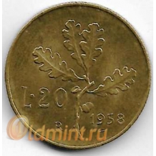 20 лир. 1958 г. Италия. 4-2-692