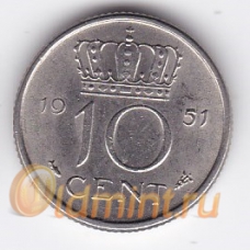 10 центов. 1951 г. Нидерланды. 2-4-117