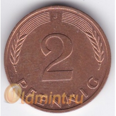 2 пфеннига. 1990 г. ФРГ. "J". 2-5-392