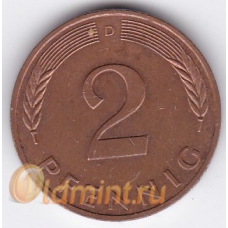 2 пфеннига. 1991 г. ФРГ. "D". 3-5-141
